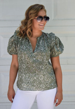 Olive Floral Puff Sleeve Top