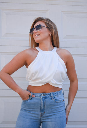 Overlap Pleated Crop Top- White